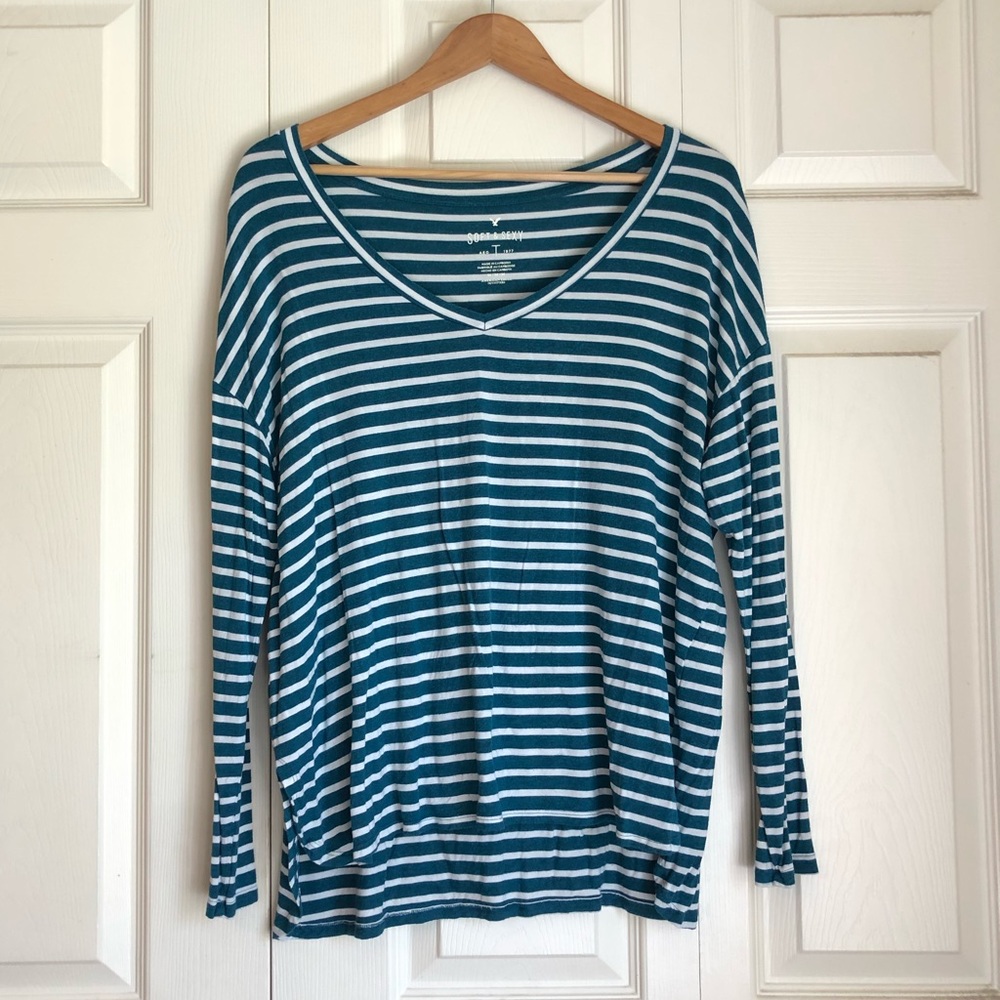 Blue and White Striped Long Sleeve Top